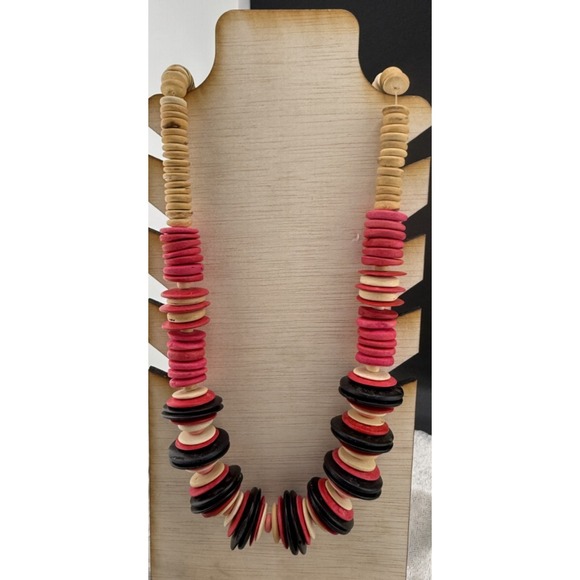 The Unbranded Brand Jewelry - Vintage Wooden Beaded Necklace Discs Red Black‎ Statement 25"